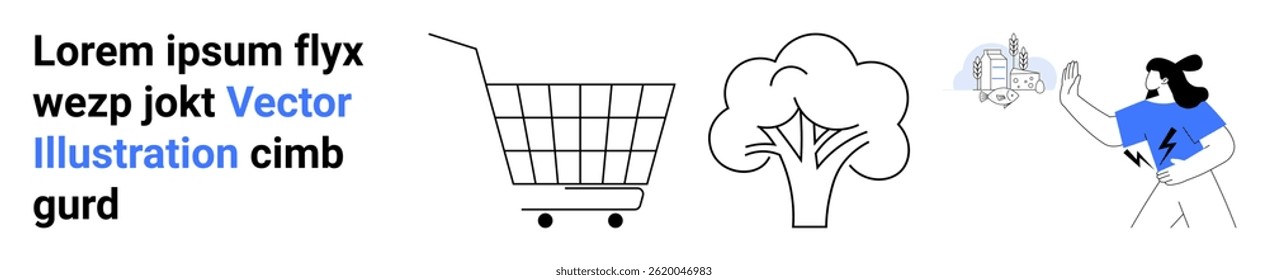 Shopping cart, tree, and person in blue shirt holding cityscape icon. Ideal for environmental awareness, urban planning, shopping themes, eco-friendly products, city living, sustainability