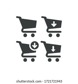 Shopping cart trolley with arrow, add button black isolated vector icon.