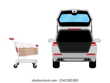 Shopping Cart or Shopping Trolley with Bags and Car Open Trunk. Shopping Concept. Vector Illustration. 