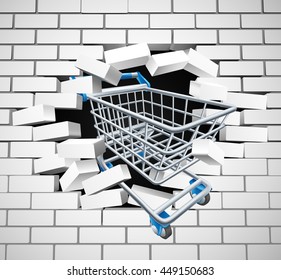 A shopping cart or trolley breaking through a white brick wall