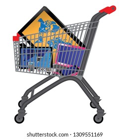 Shopping cart (shopping trolley) with different technical goods.