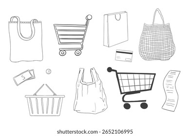 Carrinho carrinho de compras doodle, saco de supermercado cesta de compras, net shopper linha simples. Saco de artesanato, saco de papel. Esboço comercial de compra, desenhado à mão