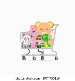Shopping cart trolley full of animal dolls isolated on a white background