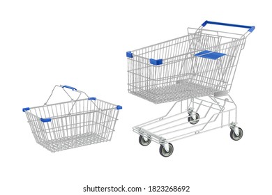 Shopping cart and trolley for goods in the store. 3d vector illustration