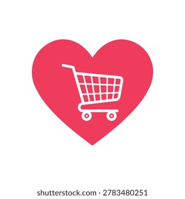 Shopping cart trolley inside red heart icon. e-commerce wishlist online store, customer loyalty favorite product, commercial gift shop symbol.  vector illustration.