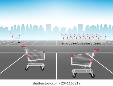 Shopping Cart or Shopping Trolley in  Parking Lot of Supermarket. Shopping Concept. Vector Illustration. 