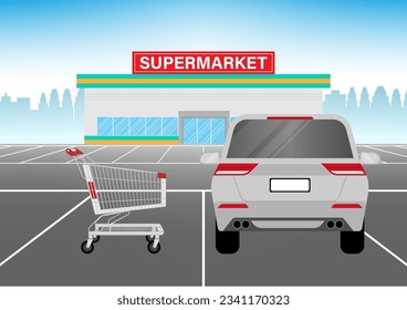 Shopping Cart or Shopping Trolley in  Parking Lot of Supermarket. Shopping Concept. Vector Illustration. 