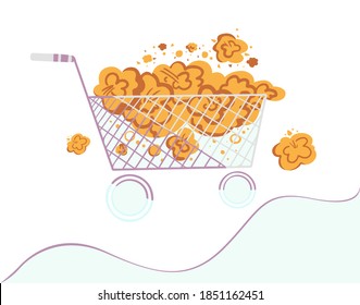 Shopping cart, trolley with roses in the flower shop, florist. Sale flowers in a garden hypermarket. Promotional concept for buying gifts  for Valentine's day, Women’s Day, vector flat style.