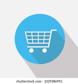 shopping cart trolley vector icon blue background with flat drop shadow