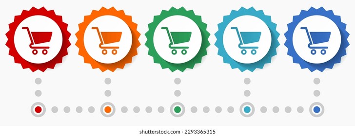 Shopping cart, trolley vector icon set, colorful infographic template, set of flat design badge icons in 5 color options