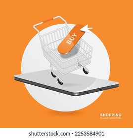 carrito de la compra o carrito, botón de compra y lugar para smartphone en círculo blanco, vector 3d aislado en fondo naranja para diseño de publicidad, entrega y diseño de concepto de compras en línea