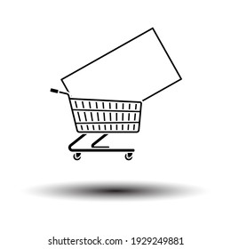 Shopping Cart With TV Icon. Black on White Background With Shadow. Vector Illustration.