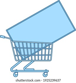 Shopping Cart With TV Icon. Thin Line With Blue Fill Design. Vector Illustration.