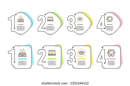 Shopping cart, Typewriter and E-mail icons simple set. Bus sign. Dreaming of gift, Inspiration, New message. Tourism transport. Technology set. Infographic timeline. Line shopping cart icon. Vector