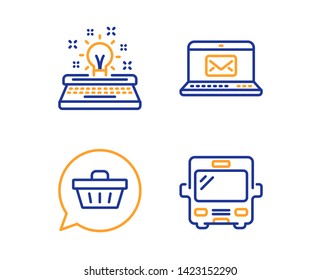 Shopping cart, Typewriter and E-mail icons simple set. Bus sign. Dreaming of gift, Inspiration, New message. Tourism transport. Technology set. Linear shopping cart icon. Colorful design set. Vector