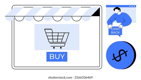 Shopping cart under store awning, buy button, person with cash back sign, dollar symbol. Ideal for online shopping, e-commerce, cash back incentives, digital marketing, cost savings. Minimalist