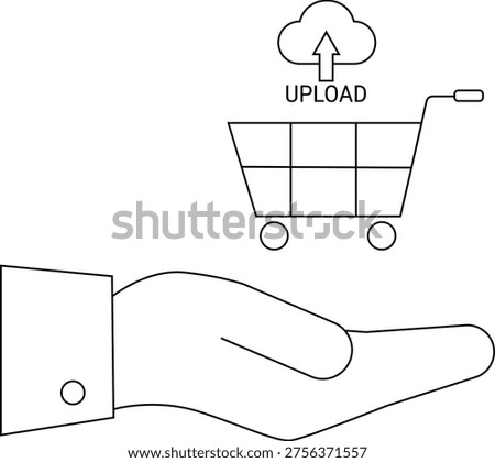 A shopping cart with an upload icon over a hand
