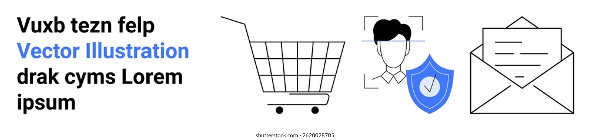 Shopping cart, user icon with shield, mail envelope, and placeholder text. Ideal for e-commerce websites, online shopping, user security, email services, marketing campaigns, web and app interfaces