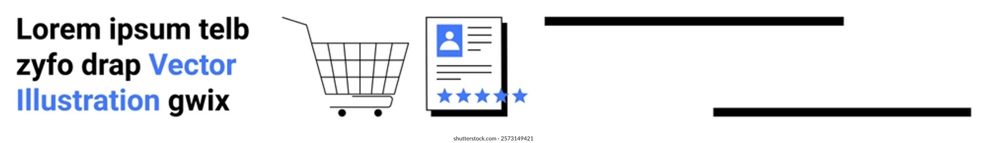 Shopping cart, user profile with four-star rating and placeholder text in minimalist design. Ideal for e-commerce, product reviews, online retail, customer feedback, digital marketing, user