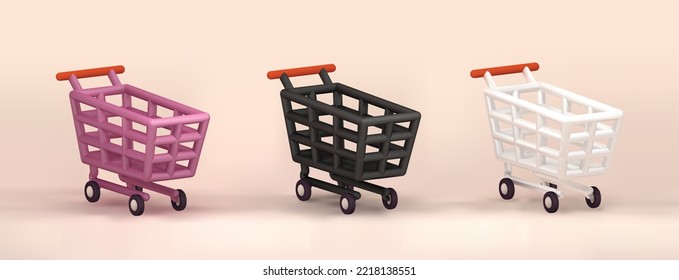 Icono del vector 3d del carro de la compra. Ilustración 3d del carro de compras blando y negro.