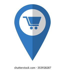 Shopping cart - vector icon; blue map  pointer