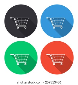 Shopping cart vector icon - colored(gray, blue, green, red) round buttons with long shadow
