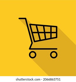 Vector de carrito de compras Icono, carrito de compras diseño plano aislado con fondo naranja y sombra larga, adecuado para negocios, comercio electrónico, tienda online, mercado, compra, venta, etc.