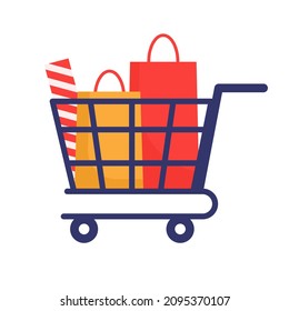 Icono del vector del carro de la compra en estilo plano aislado en fondo blanco. Compras en línea en el sitio web o en la aplicación móvil. Concepto de marketing y marketing digital.