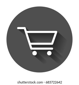 Shopping cart vector icon. Flat illustration on black round background with long shadow.