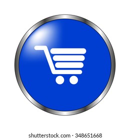 Shopping cart - vector icon on the blue button