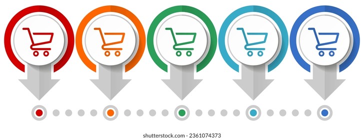 Juego de iconos de vectores de carrito de compras, plantilla de infografía de diseño plano, establecer iconos de concepto de puntero en 5 opciones de color para diseño web y aplicaciones móviles