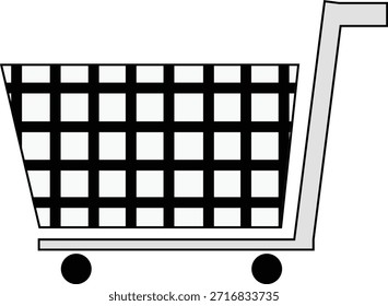 Icono del Vector del Carrito de compras en un diseño plano blanco y negro simple, que representa compras en línea, venta al por menor, y conceptos de comercio electrónico.