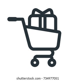 Shopping cart vector icon. Trolley with gift sign. Website design, symbol of buying, selecting and selling in ecommerce. Flat cartoon illustration. Objects isolated on white background.