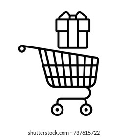 Shopping cart vector icon. Trolley with gift sign. Website design, symbol of buying, selecting and selling in e-commerce. Flat cartoon illustration. Objects isolated on white background.