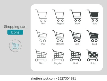 Shopping cart vector icons set. Thin, regular, bold and solid Icon set in vector and illustration. Linear icon collection. Editable stroke. Store shopping cart stock vector. Trolley and grocery basket