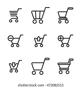 Shopping cart vector icons. Simple illustration set of 9 shopping cart elements, editable icons, can be used in logo, UI and web design