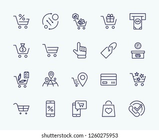 Shopping Cart Vector Line Icons Set: Money, ATM, List Products, Vegetables, Bank Card, Terminal, Bag, Favorite Shopping, Gifts, Express Checkout, Mobile Shop and more. Editable Stroke. 32x32 Pixel
