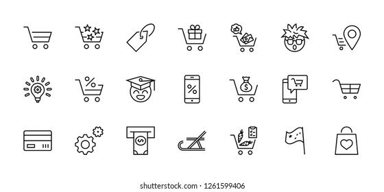 Shopping Cart Vector Line Icons Set: Money, ATM, List Products, Vegetables, Bank Card, Terminal, Bag, Favorite Shopping, Gifts, Express Checkout, Mobile Shop and more. Editable Stroke. 32x32 Pixel