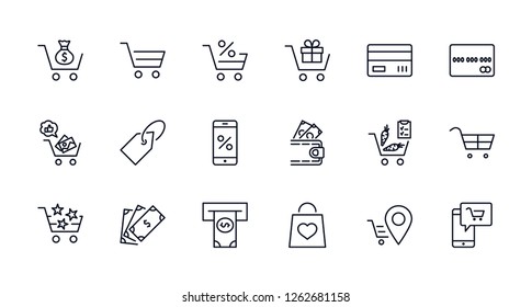 Shopping Cart Vector Line Icons Set: Money, ATM, List Products, Vegetables, Bank Card, Terminal, Bag, Favorite Shopping, Gifts, Express Checkout, Mobile Shop and more. Editable Stroke. 32x32 Pixel