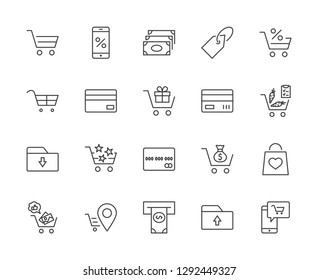 Shopping Cart Vector Line Icons Set: Money, ATM, List Products, Vegetables, Bank Card, Terminal, Bag, Favorite Shopping, Gifts, Express Checkout, Mobile Shop and more. Editable Stroke. 32x32 Pixel