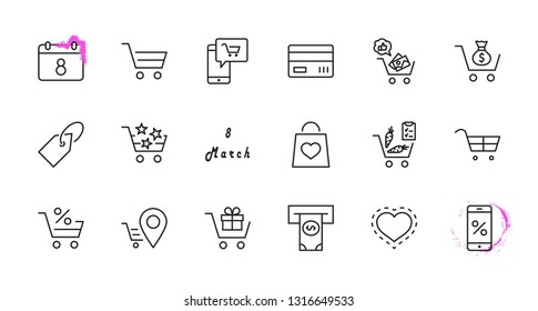 Shopping Cart Vector Line Icons Set: Money, ATM, List Products, Vegetables, Bank Card, Terminal, Bag, Favorite Shopping, Gifts, Express Checkout, Mobile Shop and more. Editable Stroke. 32x32 Pixel