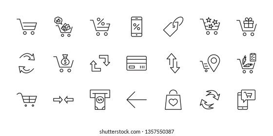 Shopping Cart Vector Line Icons Set: Money, ATM, List Products, Vegetables, Bank Card, Terminal, Bag, Favorite Shopping, Gifts, Express Checkout, Mobile Shop and more. Editable Stroke. 32x32 Pixel