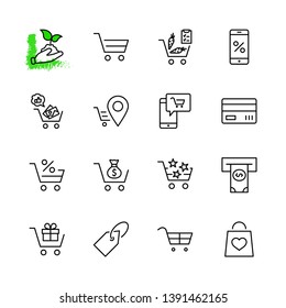 Shopping Cart Vector Line Icons Set: Money, ATM, List Products, Vegetables, Bank Card, Terminal, Bag, Favorite Shopping, Gifts, Express Checkout, Mobile Shop and more. Editable Stroke. 32x32 Pixel