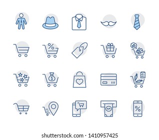 Shopping Cart Vector Line Icons Set: Money, ATM, List Products, Vegetables, Bank Card, Terminal, Bag, Favorite Shopping, Gifts, Express Checkout, Mobile Shop and more. Editable Stroke. 32x32 Pixel