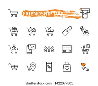 Shopping Cart Vector Line Icons Set: Money, ATM, List Products, Vegetables, Bank Card, Terminal, Bag, Favorite Shopping, Gifts, Express Checkout, Mobile Shop and more. Editable Stroke. 32x32 Pixel