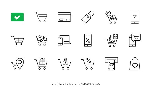 Shopping Cart Vector Line Icons Set: Money, ATM, List Products, Vegetables, Bank Card, Terminal, Bag, Favorite Shopping, Gifts, Express Checkout, Mobile Shop and more. Editable Stroke. 32x32 Pixel