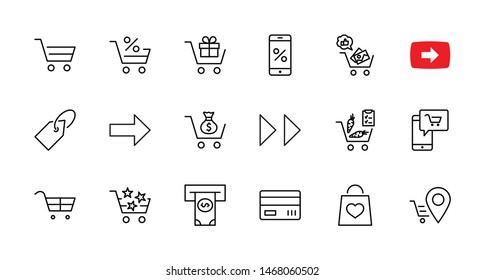 Shopping Cart Vector Line Icons Set: Money, ATM, List Products, Vegetables, Bank Card, Terminal, Bag, Favorite Shopping, Gifts, Express Checkout, Mobile Shop and more. Editable Stroke. 32x32 Pixel