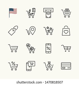 Shopping Cart Vector Line Icons Set: Money, ATM, List Products, Vegetables, Bank Card, Terminal, Bag, Favorite Shopping, Gifts, Express Checkout, Mobile Shop and more. Editable Stroke. 32x32 Pixel