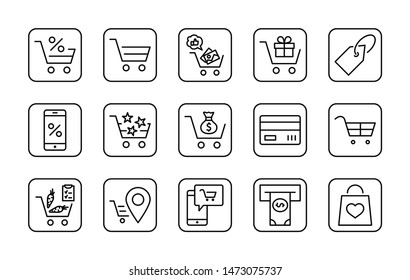 Shopping Cart Vector Line Icons Set: Money, ATM, List Products, Vegetables, Bank Card, Terminal, Bag, Favorite Shopping, Gifts, Express Checkout, Mobile Shop and more. Editable Stroke. 32x32 Pixel