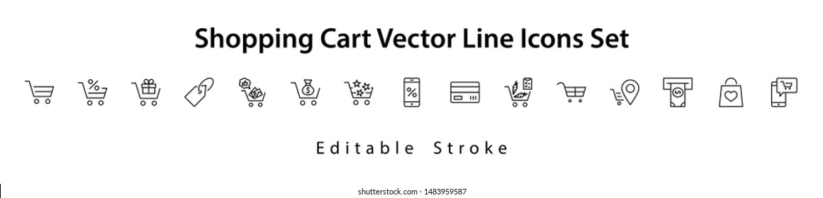 Shopping Cart Vector Line Icons Set: Money, ATM, List Products, Vegetables, Bank Card, Terminal, Bag, Favorite Shopping, Gifts, Express Checkout, Mobile Shop and more. Editable Stroke. 32x32 Pixel